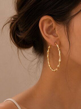 18k Gold Bamboo Textured Minimalist Hoop Earrings